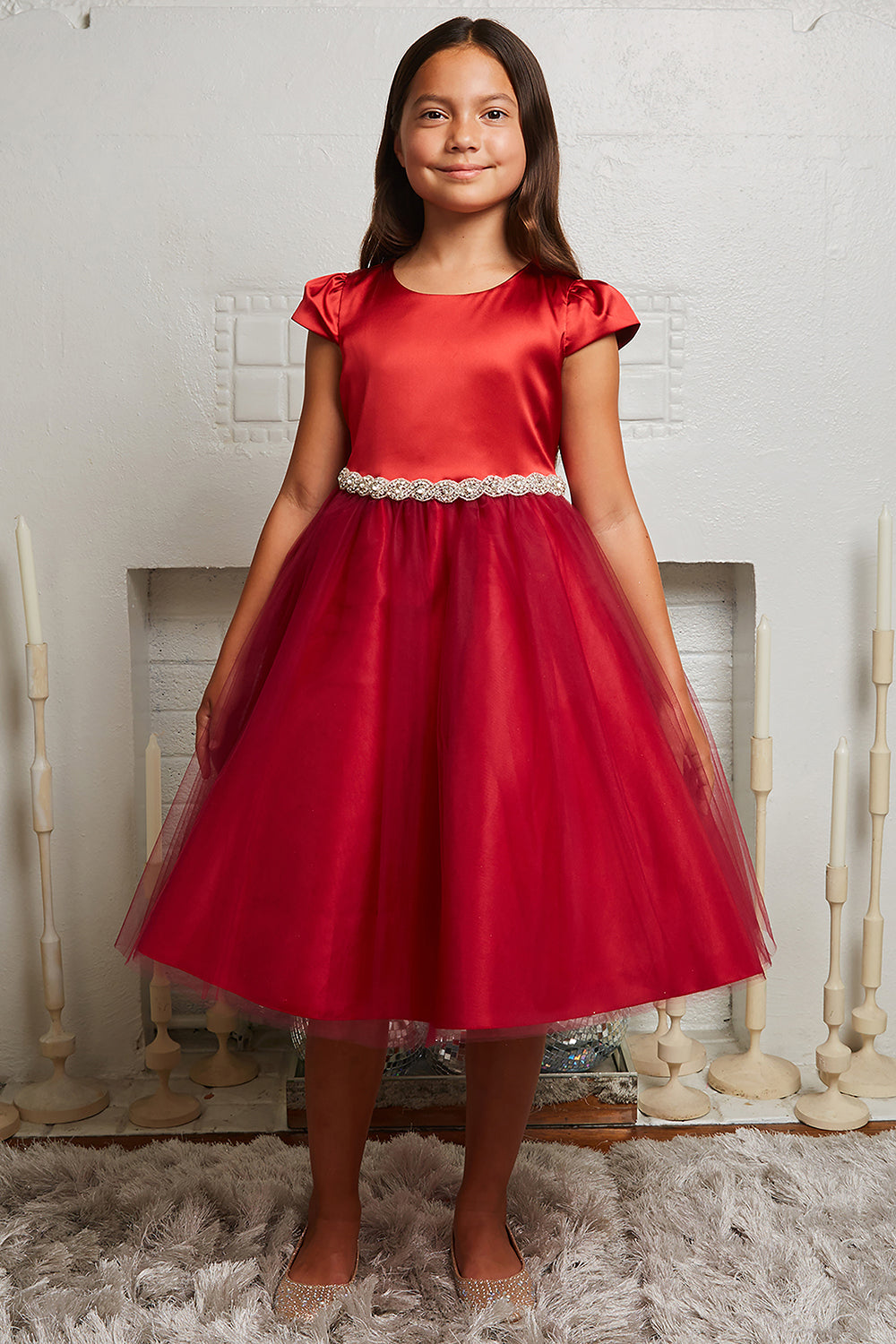 452-A Capped Sleeve Satin & Tulle Girls Dress with Braided Rhinestone Trim and Plus Sizes