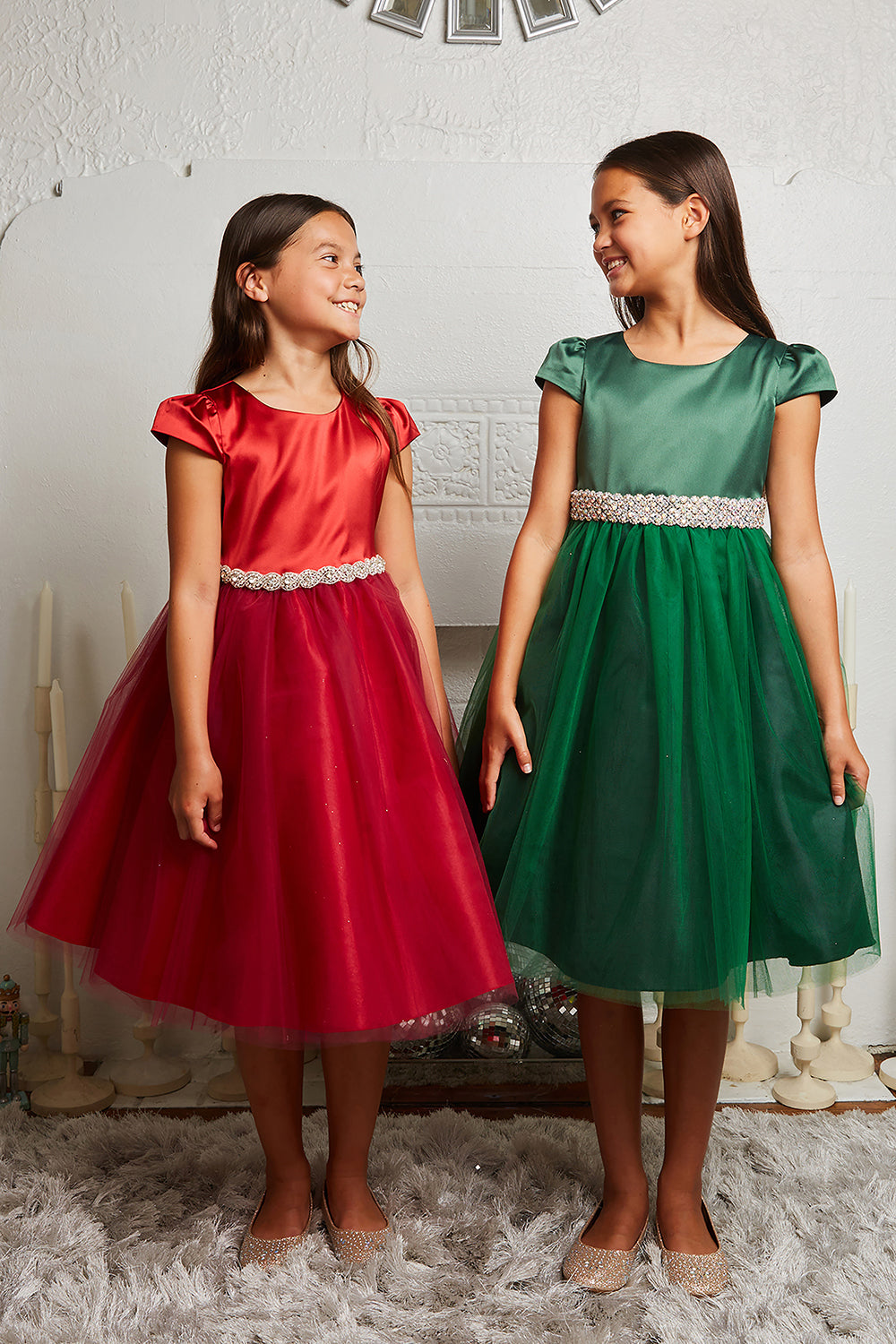 452-A Capped Sleeve Satin & Tulle Girls Dress with Braided Rhinestone Trim and Plus Sizes