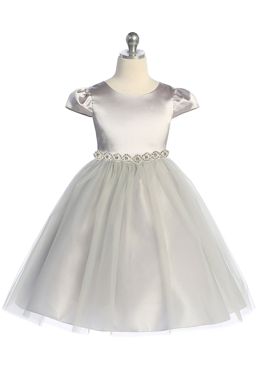 452-A Capped Sleeve Satin & Tulle Girls Dress with Braided Rhinestone Trim and Plus Sizes