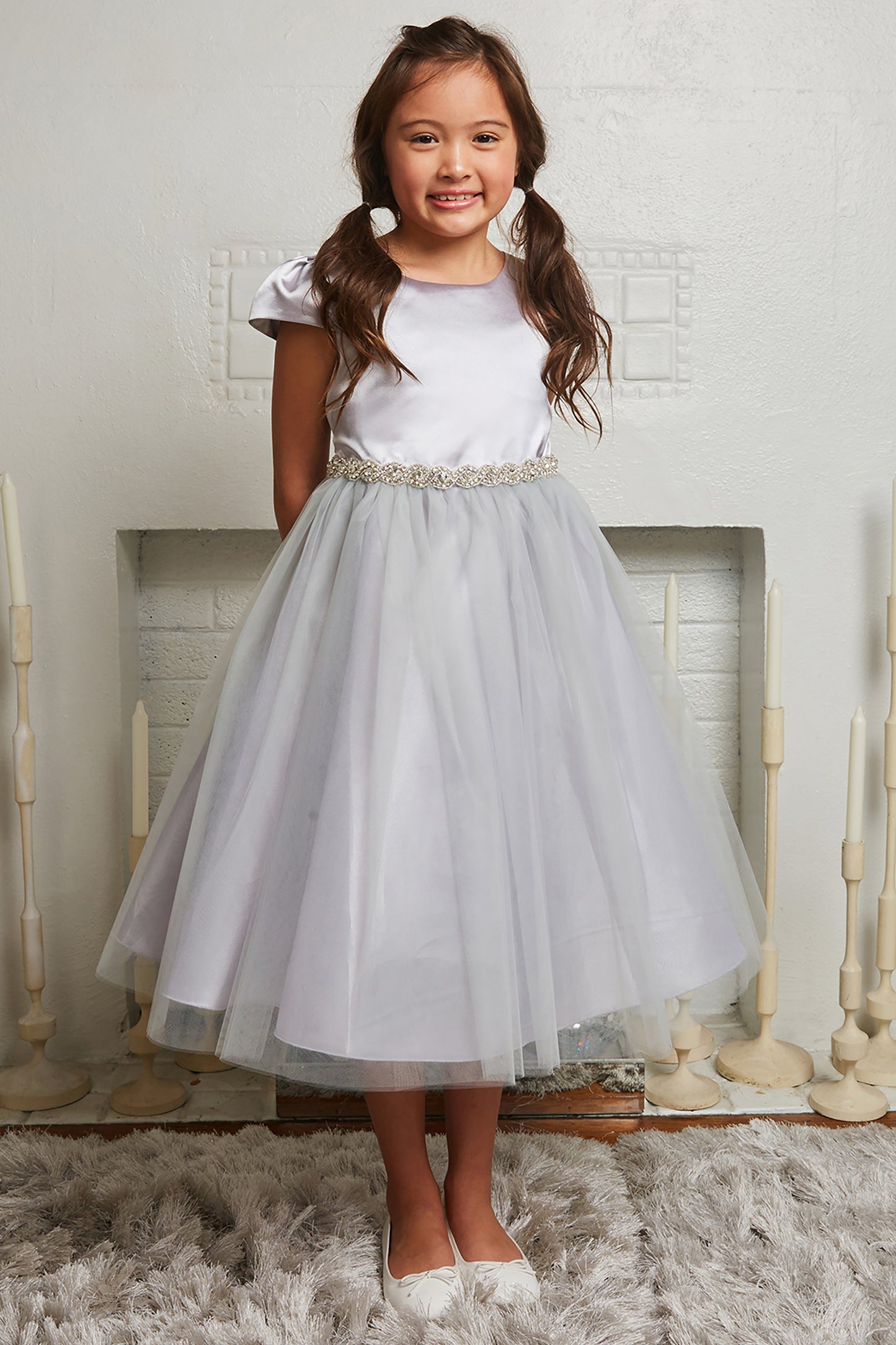 452-A Capped Sleeve Satin & Tulle Girls Dress with Braided Rhinestone Trim and Plus Sizes