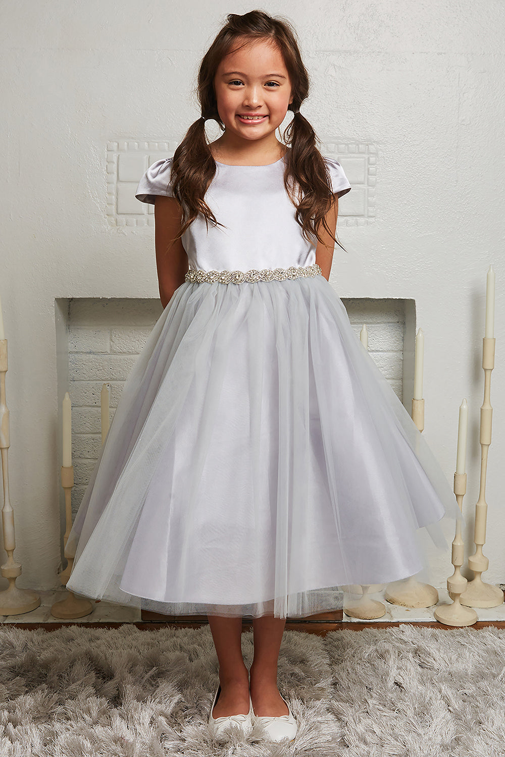 452-A Capped Sleeve Satin & Tulle Girls Dress with Braided Rhinestone Trim and Plus Sizes