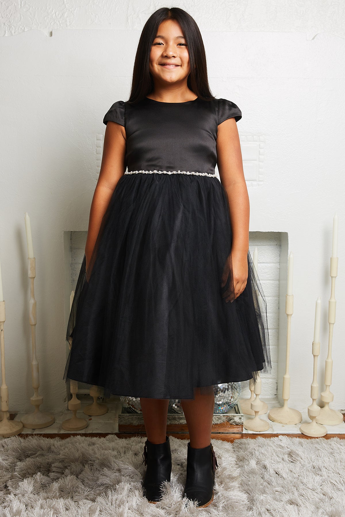 452-G Capped Sleeve Satin & Tulle Girls Dress with Rhinestone/Pearl Trim and Plus Sizes