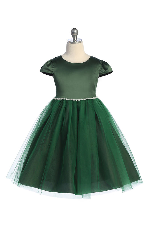 452-G Capped Sleeve Satin & Tulle Girls Dress with Wavy Rhinestone & Pearl Trim and Plus Sizes