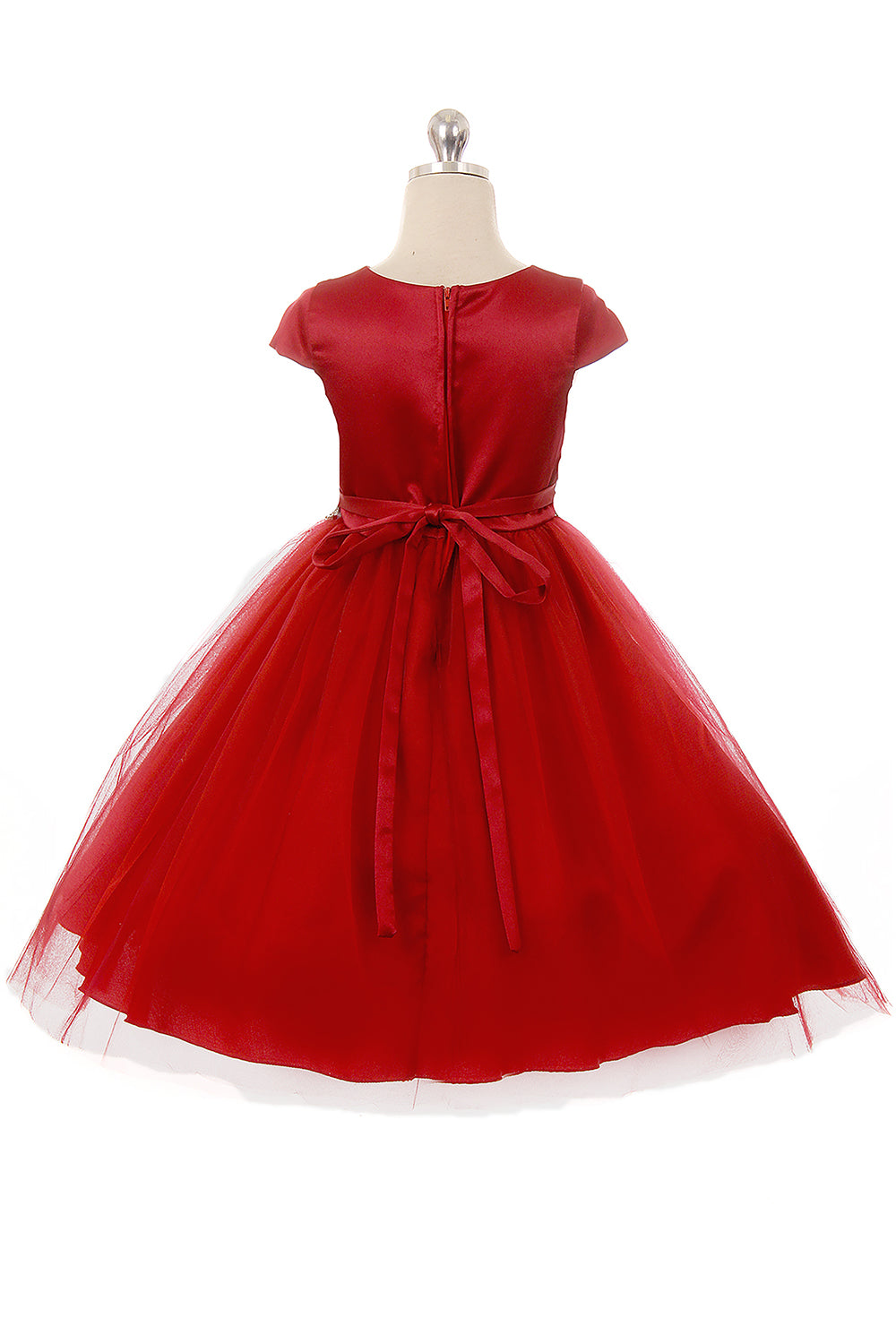Flutter Sleeve Satin Tulle Girl's Dress Red
