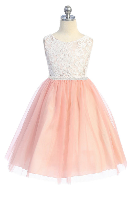 456-C Lace Illusion Girls Dress with Thick Pearl Trim
