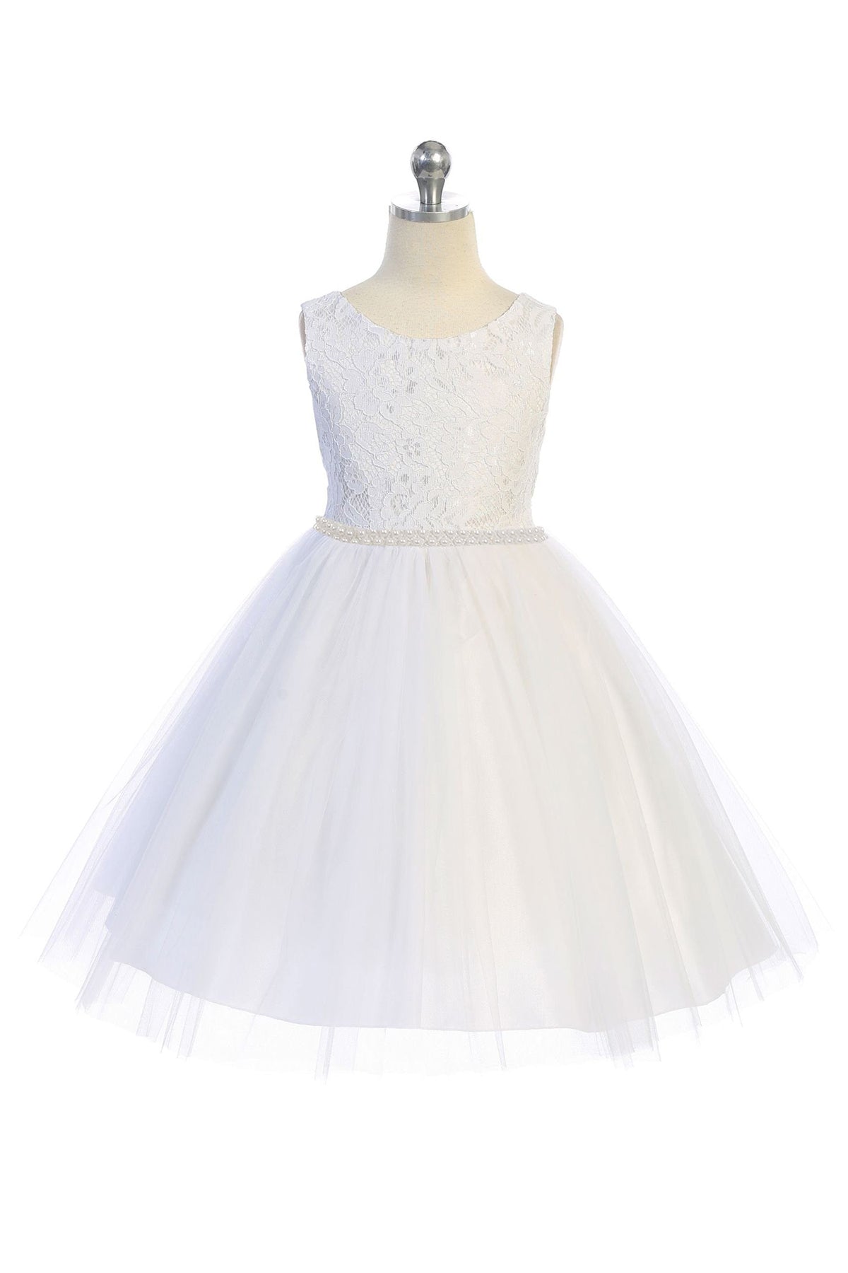 456-C Lace Illusion Girls Dress with Thick Pearl Trim