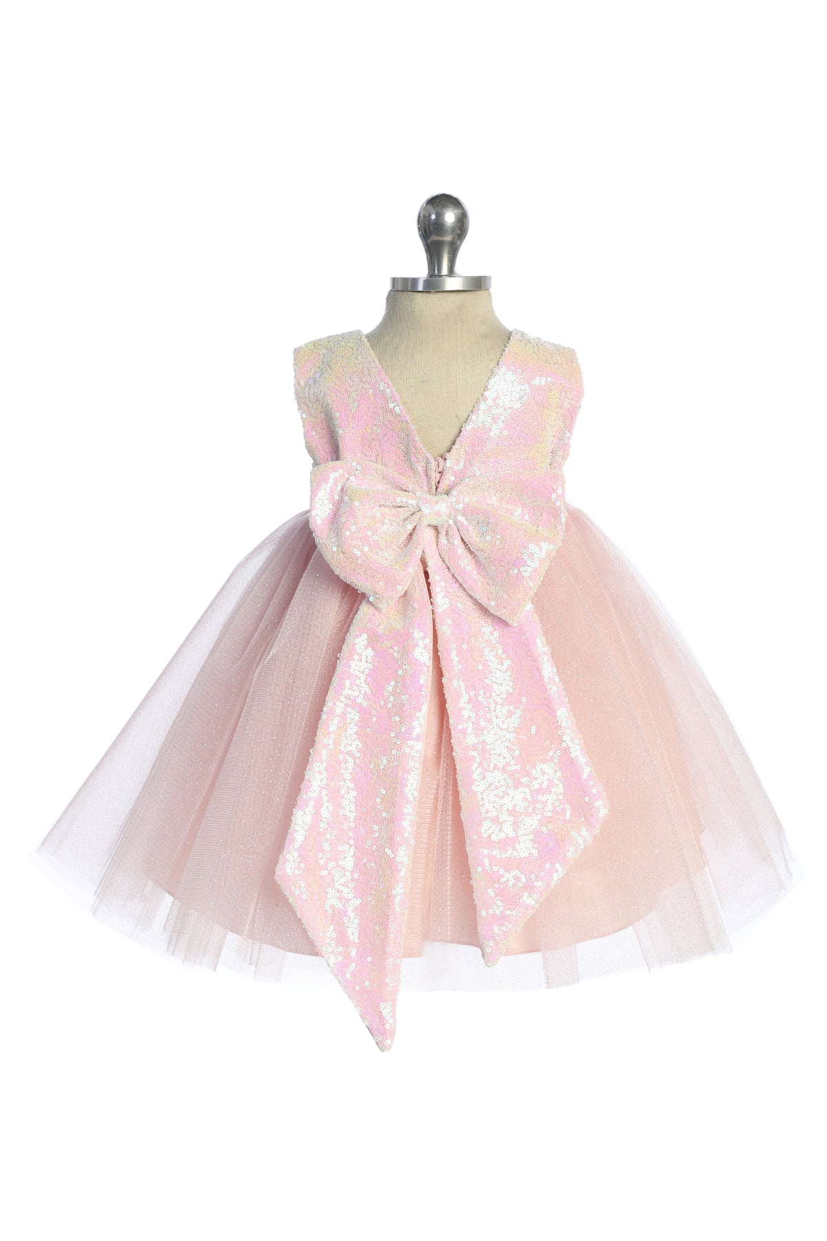 498B Pink/Iridescent Sequins V Back & Bow Baby Dress