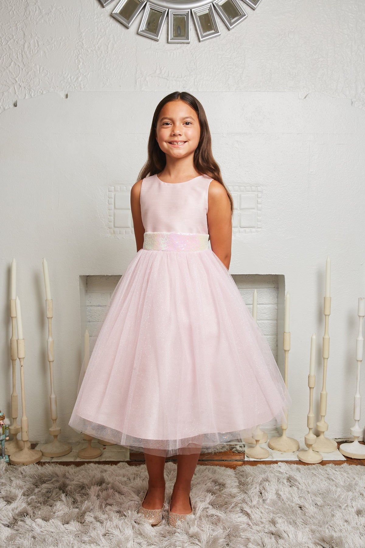 498 Pink/Iridescent Sequins V Back & Bow Girls Dress with Plus Sizes