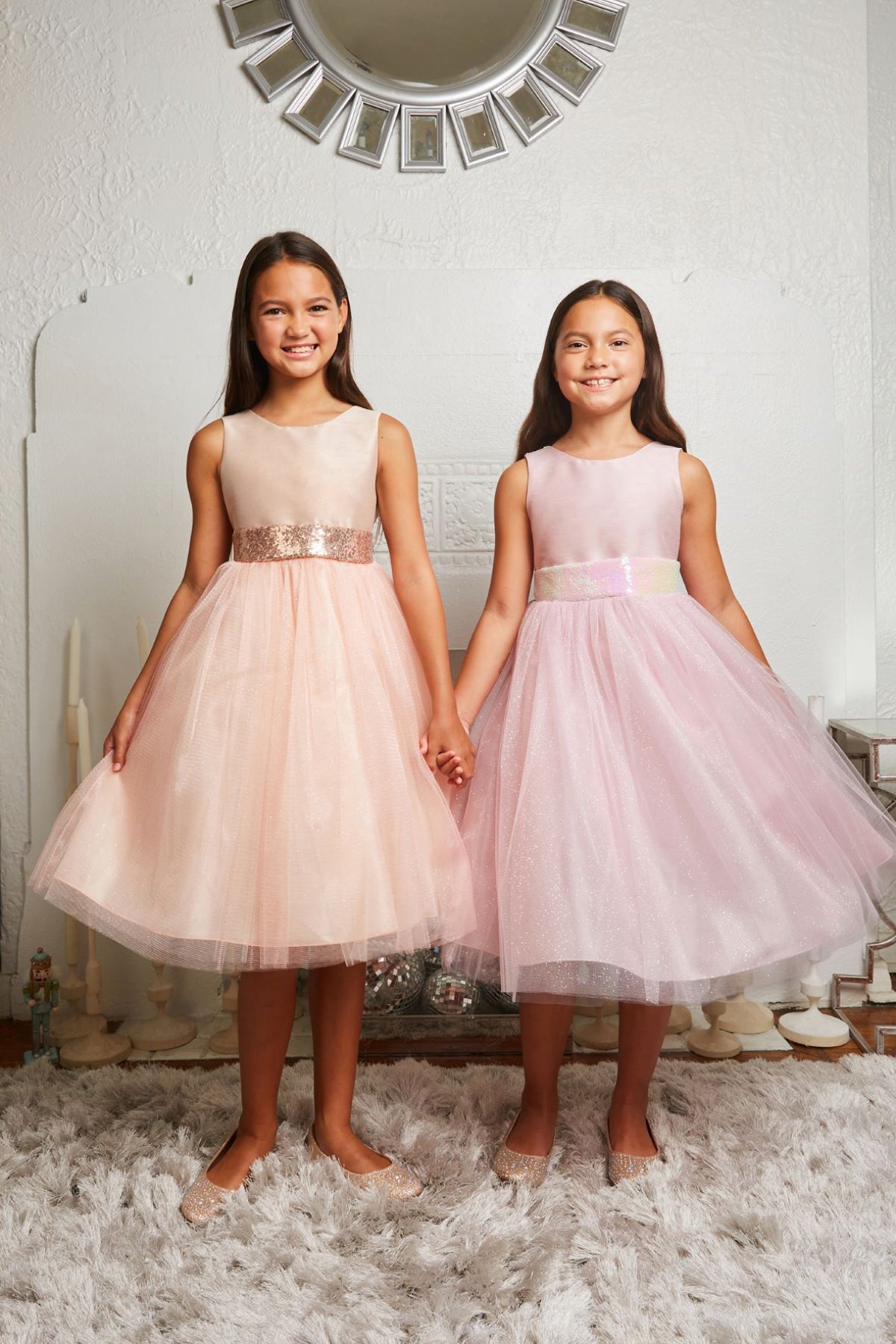 498 Pink/Iridescent Sequins V Back & Bow Girls Dress with Plus Sizes