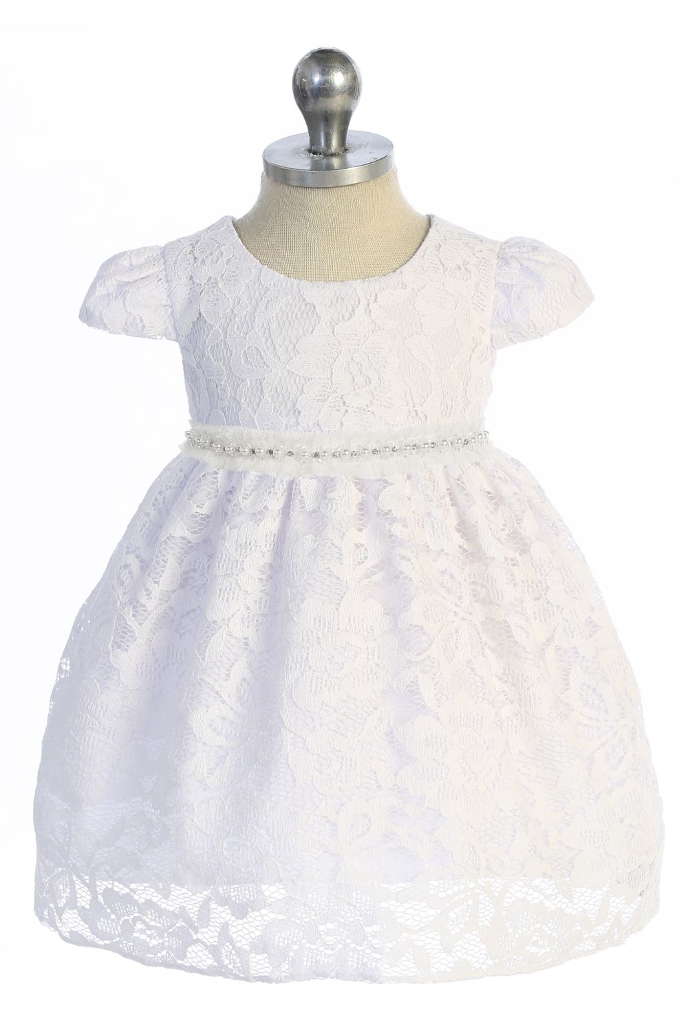 532-B All Lace Baby Dress with V Back & Bow and Mesh Pearl Trim