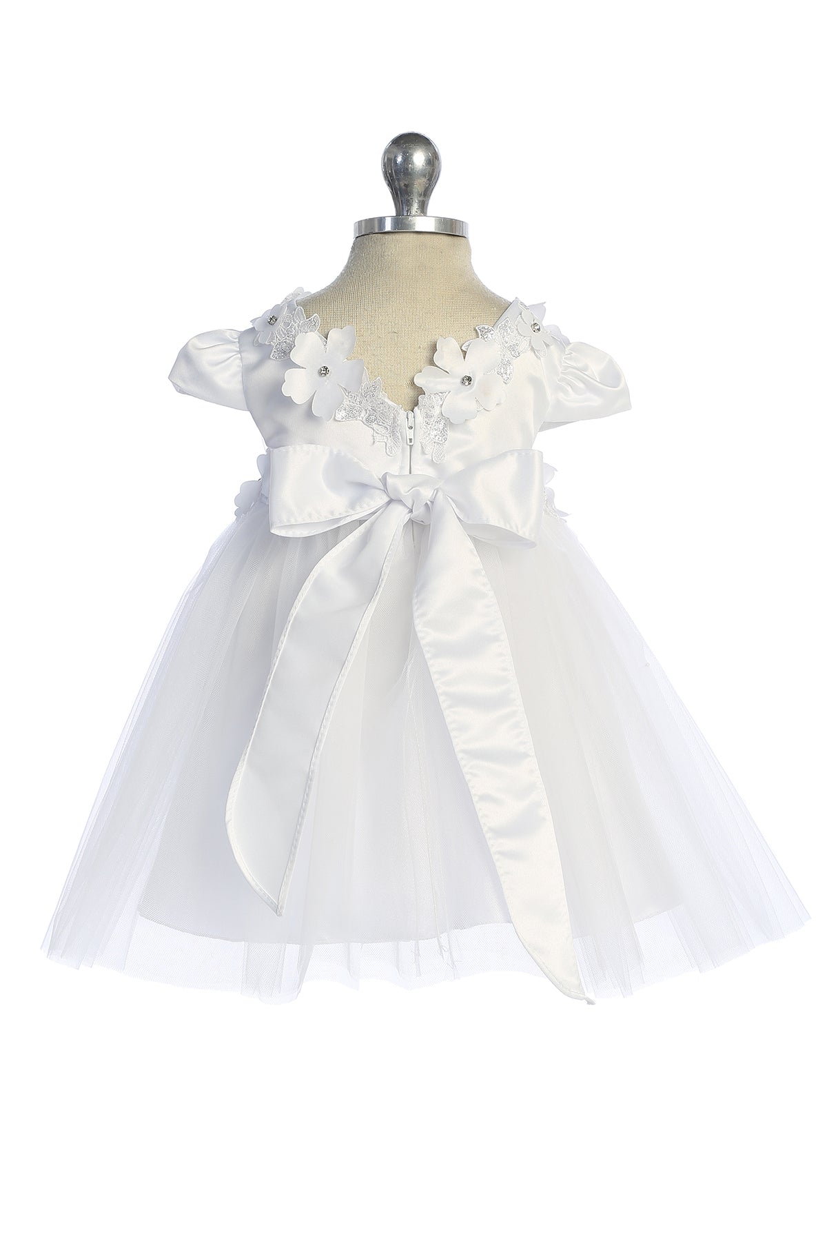 562B Capped Sleeve Satin & Tulle Baby Dress with Floral Trim