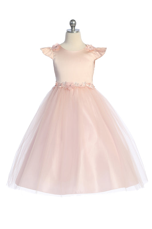 562 Capped Sleeve Satin & Tulle Girls Dress with Floral Trim and Plus Sizes