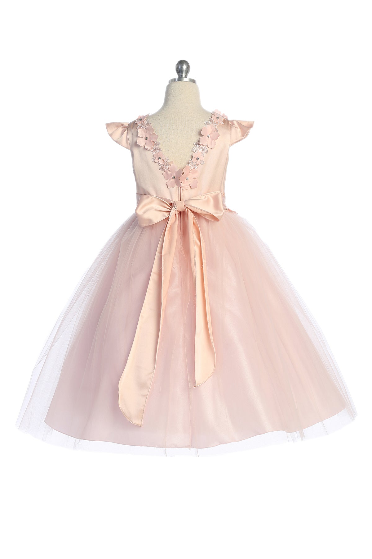 562 Capped Sleeve Satin & Tulle Girls Dress with Floral Trim and Plus Sizes