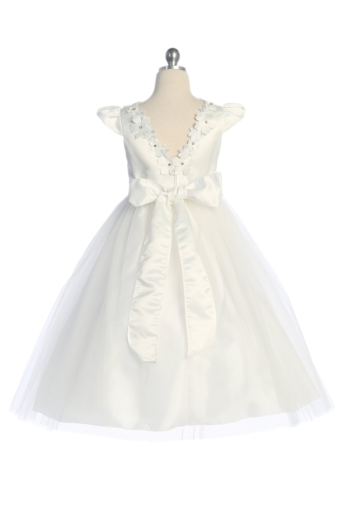 562 Capped Sleeve Satin & Tulle Girls Dress with Floral Trim and Plus ...