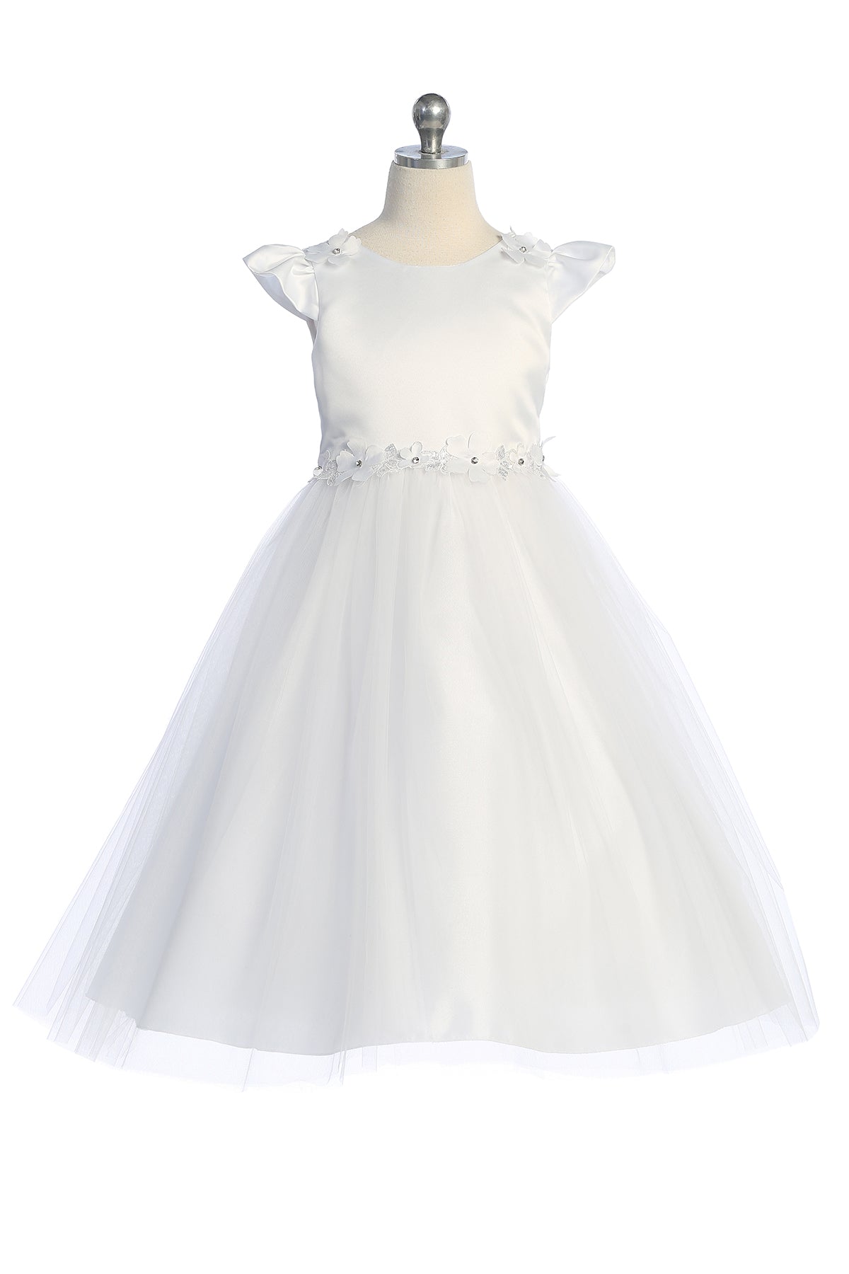 562 Capped Sleeve Satin & Tulle Girls Dress with Floral Trim and Plus ...