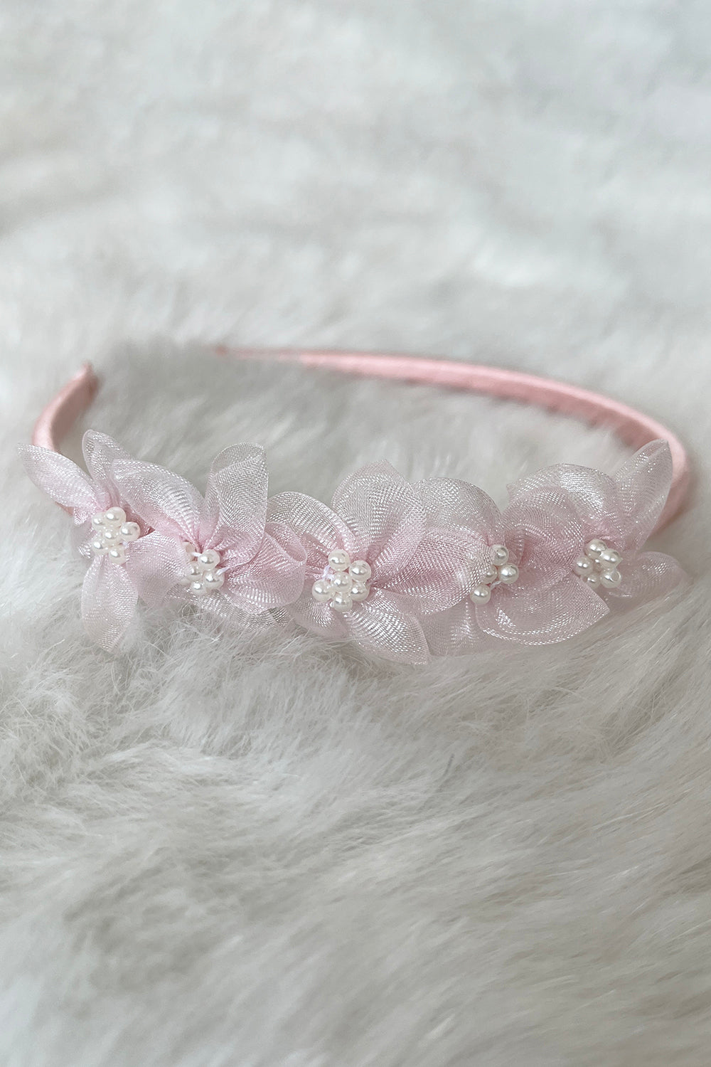 HB011 Organza Flower Headband with Pearl Detailing