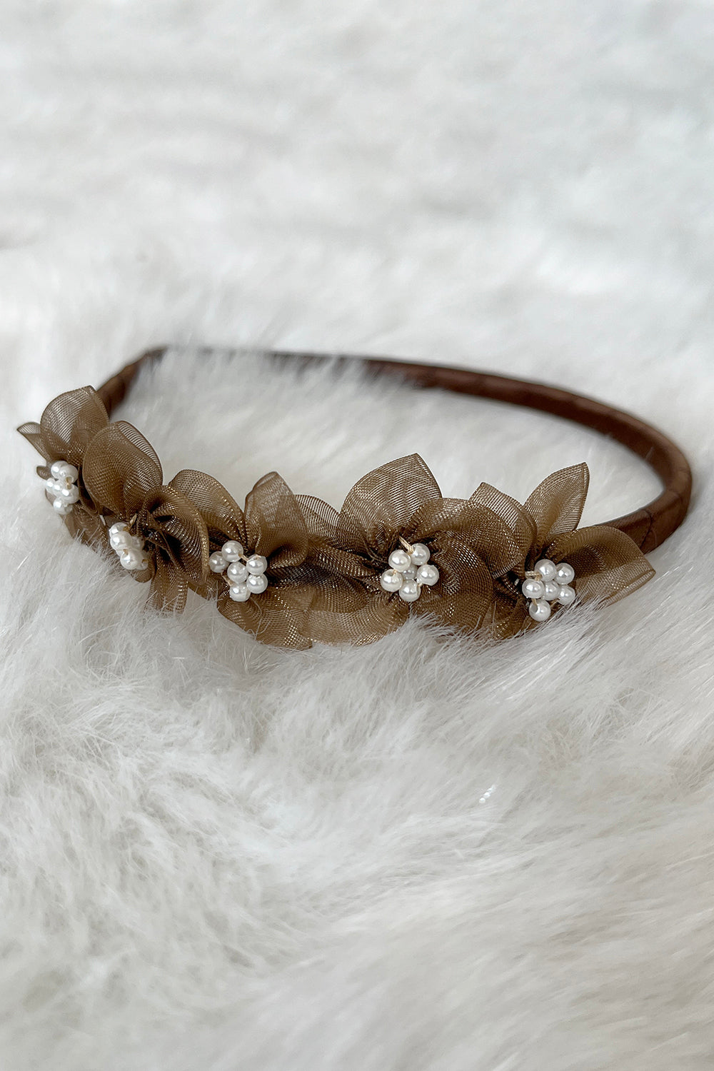 HB011 Organza Flower Headband with Pearl Detailing