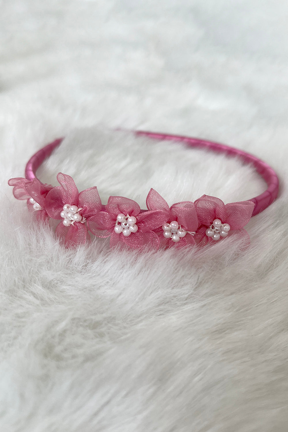 HB011 Organza Flower Headband with Pearl Detailing