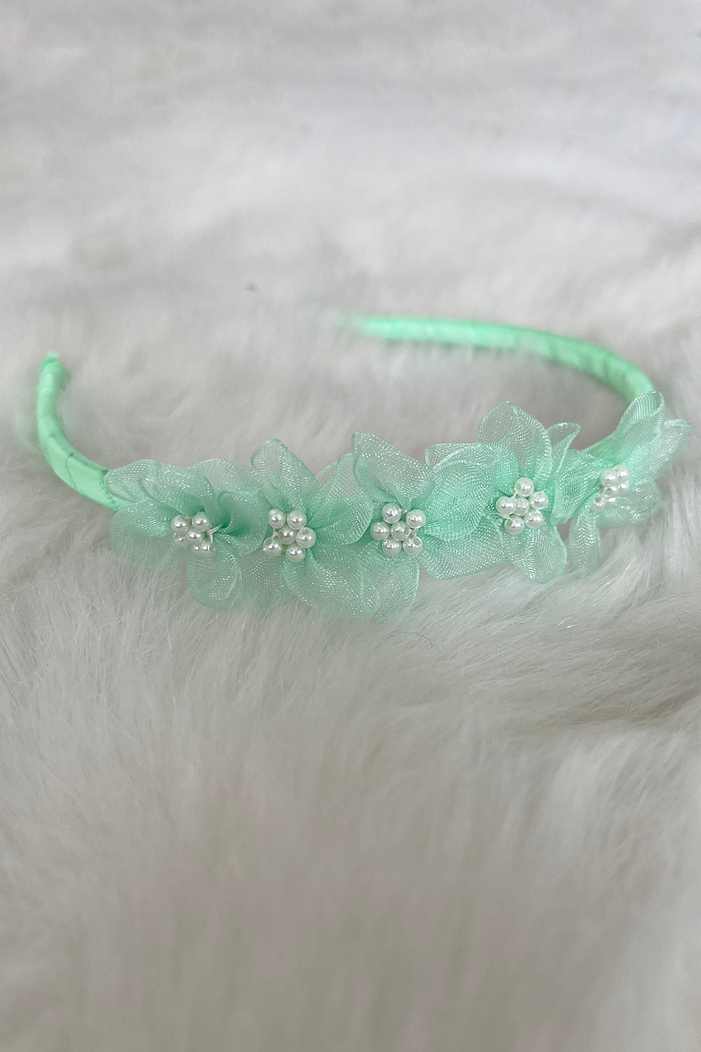 HB011 Organza Flower Headband with Pearl Detailing