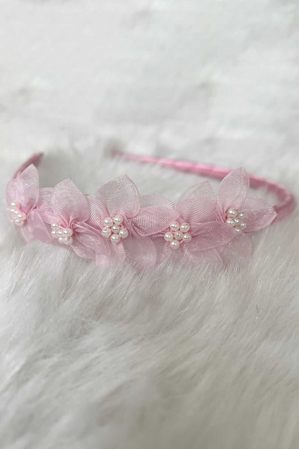 HB011 Organza Flower Headband with Pearl Detailing