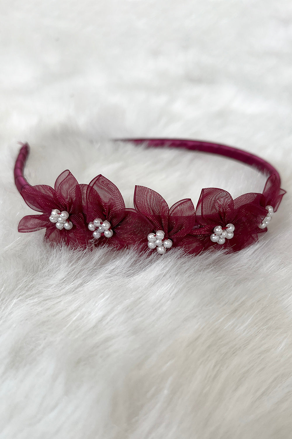 HB011 Organza Flower Headband with Pearl Detailing