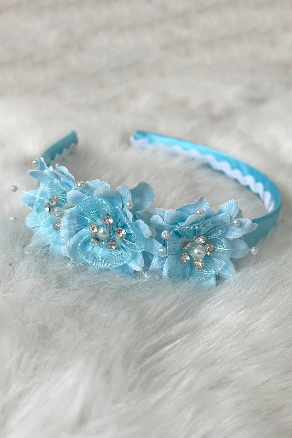 HB018 Satin Headband with Flowers and Gems