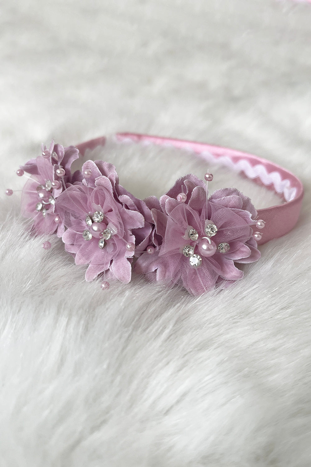 HB018 Satin Headband with Flowers and Gems