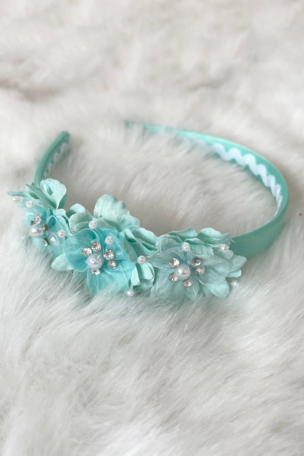 HB018 Satin Headband with Flowers and Gems