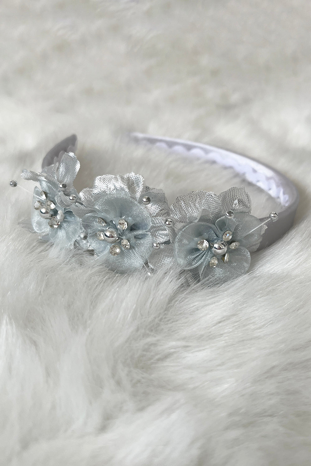 HB018 Satin Headband with Flowers and Gems