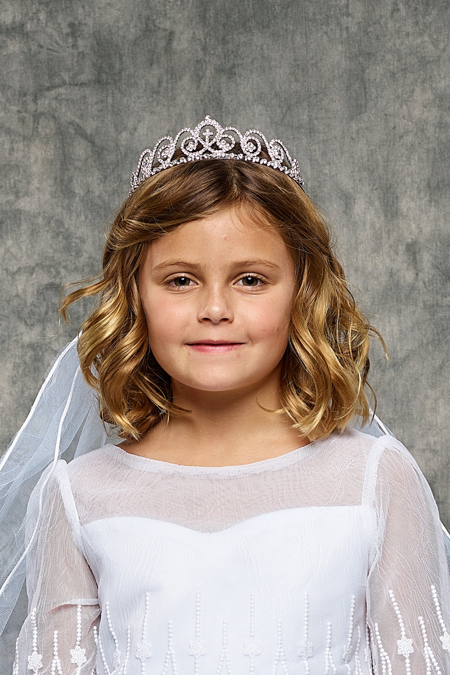 VEIL030 Tiara Veil with Swirl Rhinestone Design and Cross Detail