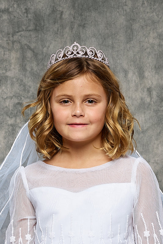 VEIL030 Tiara Veil with Swirl Rhinestone Design and Cross Detail