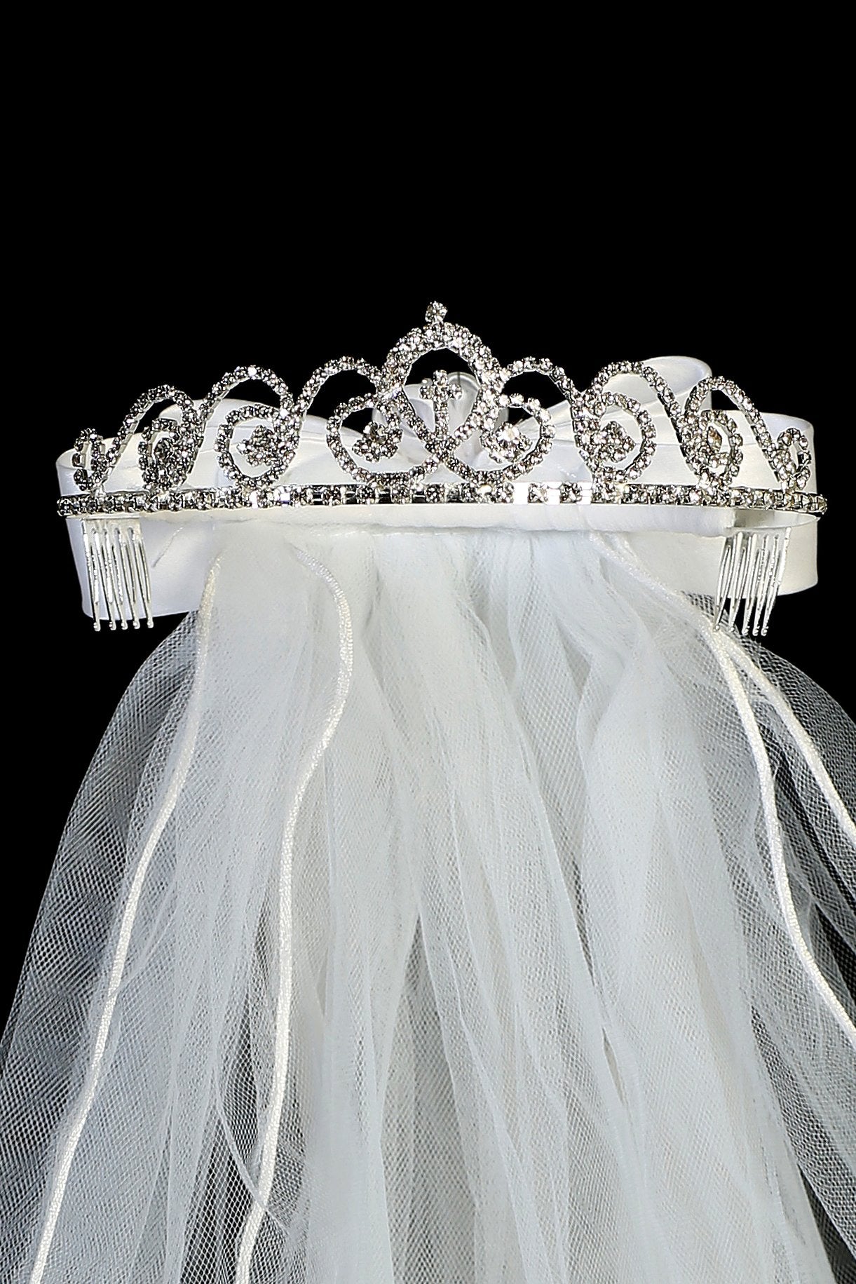 VEIL030 Tiara Veil with Swirl Rhinestone Design and Cross Detail
