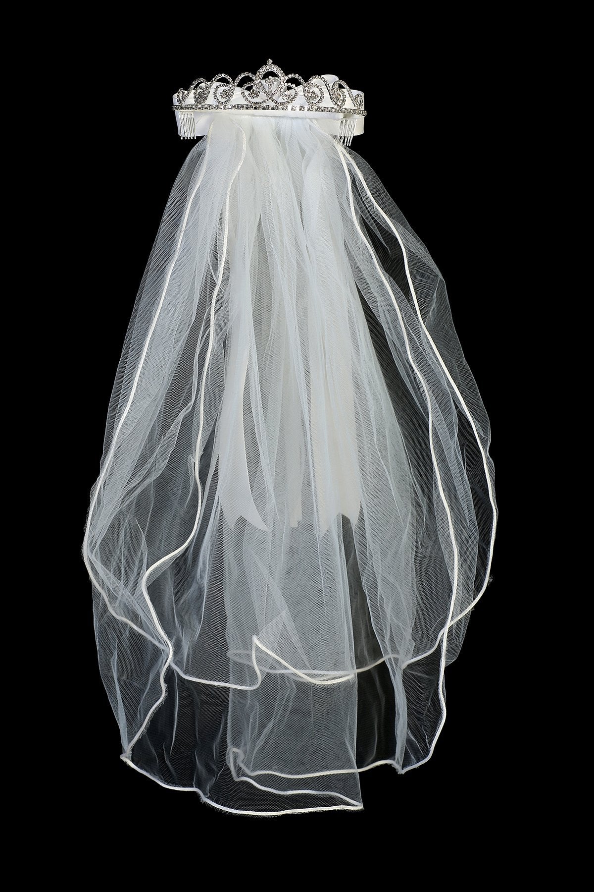 VEIL030 Tiara Veil with Swirl Rhinestone Design and Cross Detail