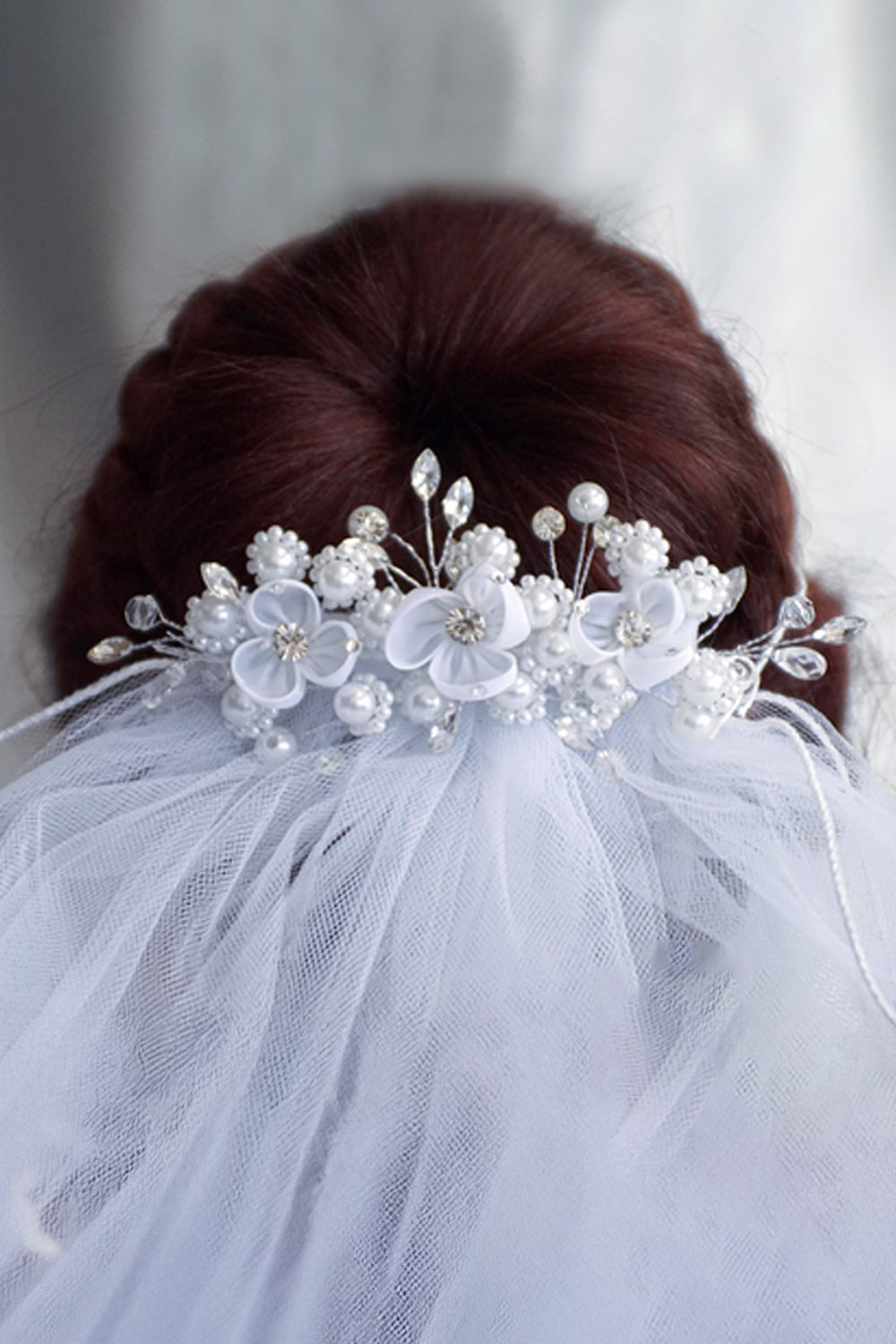 VEIL042 Comb Veil with Dainty Pearl & Rhinestone Adornments