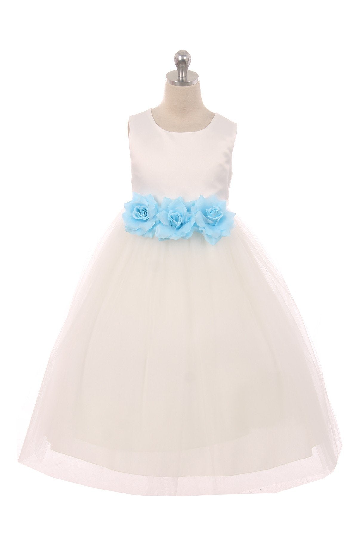 411-F White Satin & Tulle 3 Flower Girls Dress