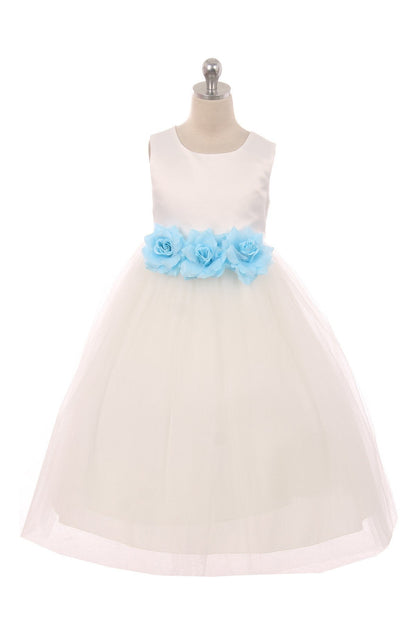 411-F White Satin & Tulle 3 Flower Girls Dress