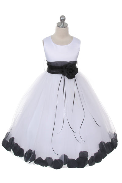160B+[SASH] White Satin Flower Petal Plus Size Girl Dress with Organza Sash