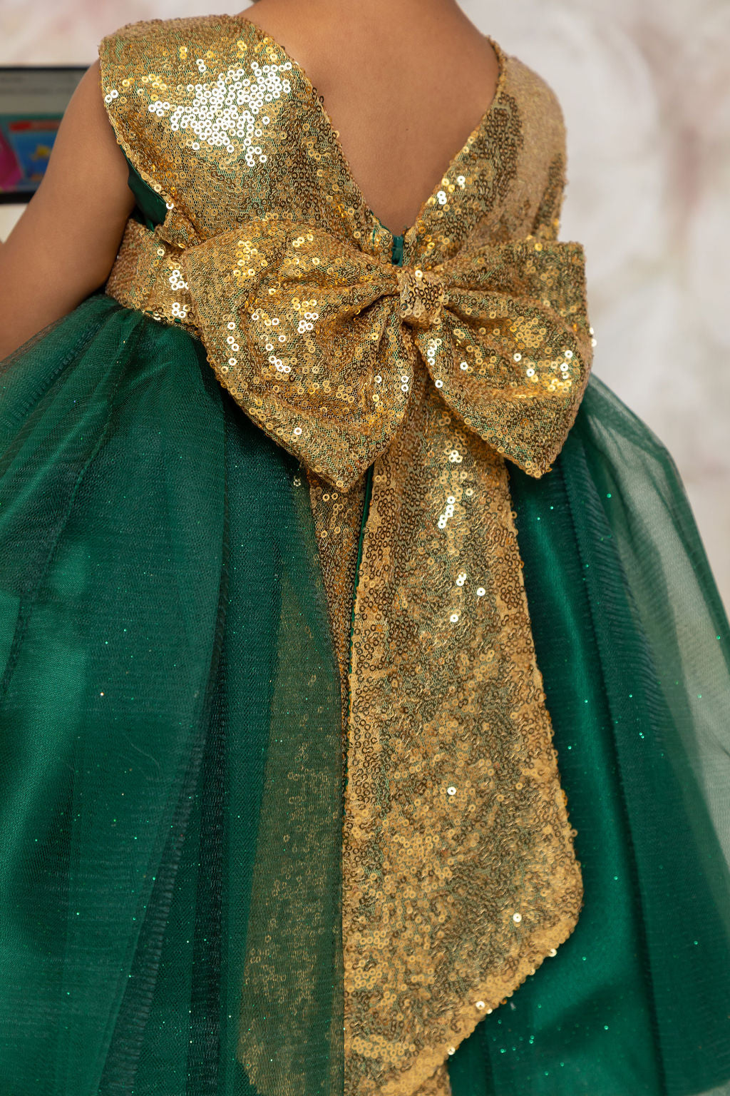 498B Gold Sequins V Back & Bow Baby Dress Kid's Dream Wholesale 498B Gold Sequins V Back & Bow Baby Dress Kid's Dream Wholesale