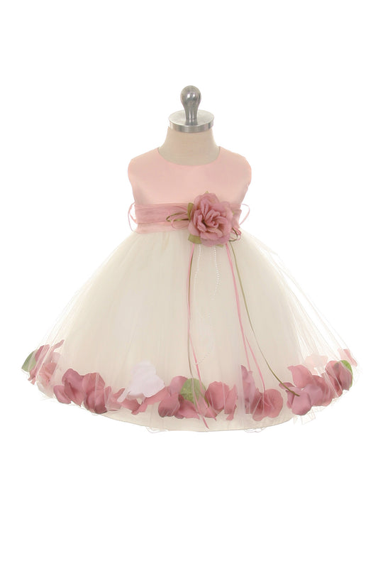 195B[SASH] Satin Flower Petal Baby Dress w/ Organza Sash (Dusty Rose Top)