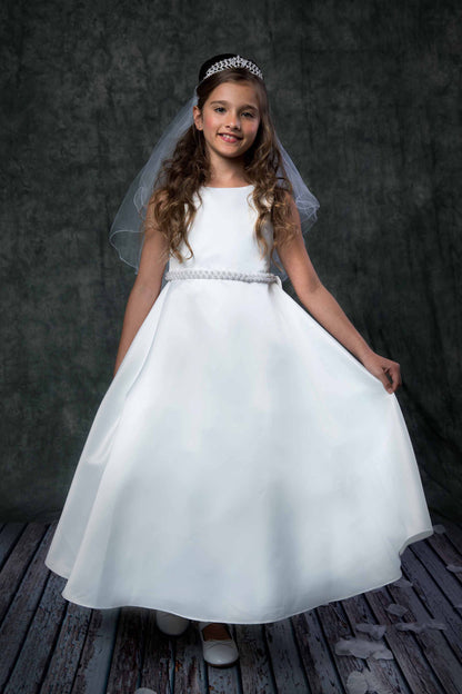 *PREORDER* 386 Long Satin Pearl Trim Girls Communion Dress with Plus Sizes