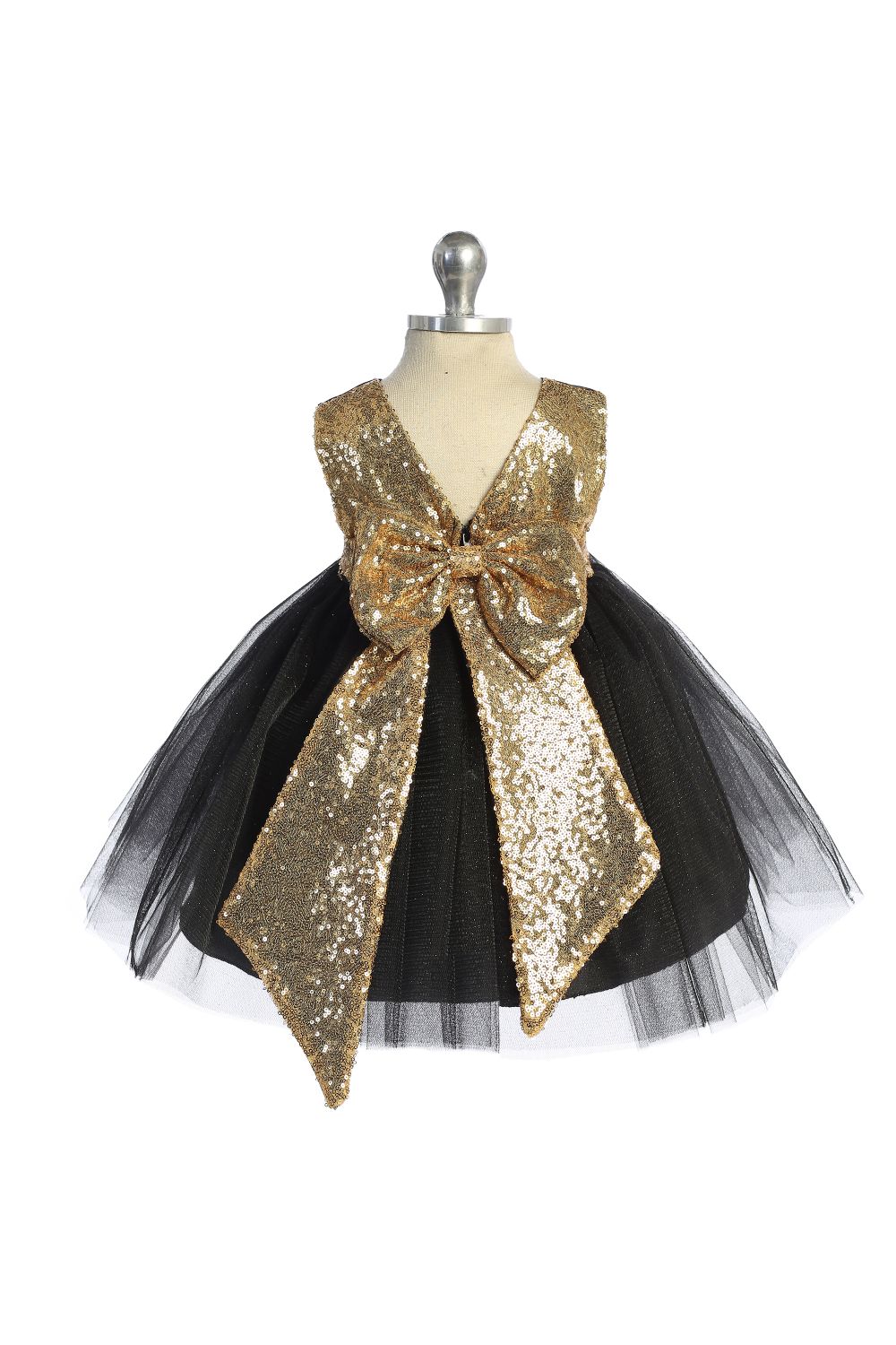 498B Gold Sequins V Back & Bow Baby Dress Kid's Dream Wholesale 498B Gold Sequins V Back & Bow Baby Dress Kid's Dream Wholesale