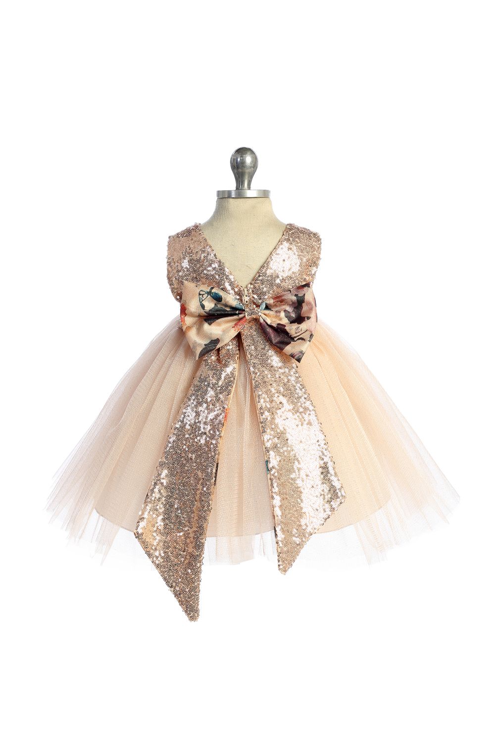 520B Vintage Rose Floral/Rose Gold Sequin V Back & Bow Baby Dress Kid's Dream Wholesale 520B Vintage Rose Floral/Rose Gold Sequin V Back & Bow Baby Dress Kid's Dream Wholesale