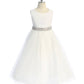 524-E Long Lace Illusion Girls Dress with Thick Rhinestone Trim