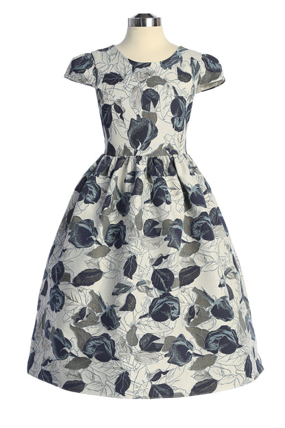 550+Blue Leaf Jacquard Plus Size Dress
