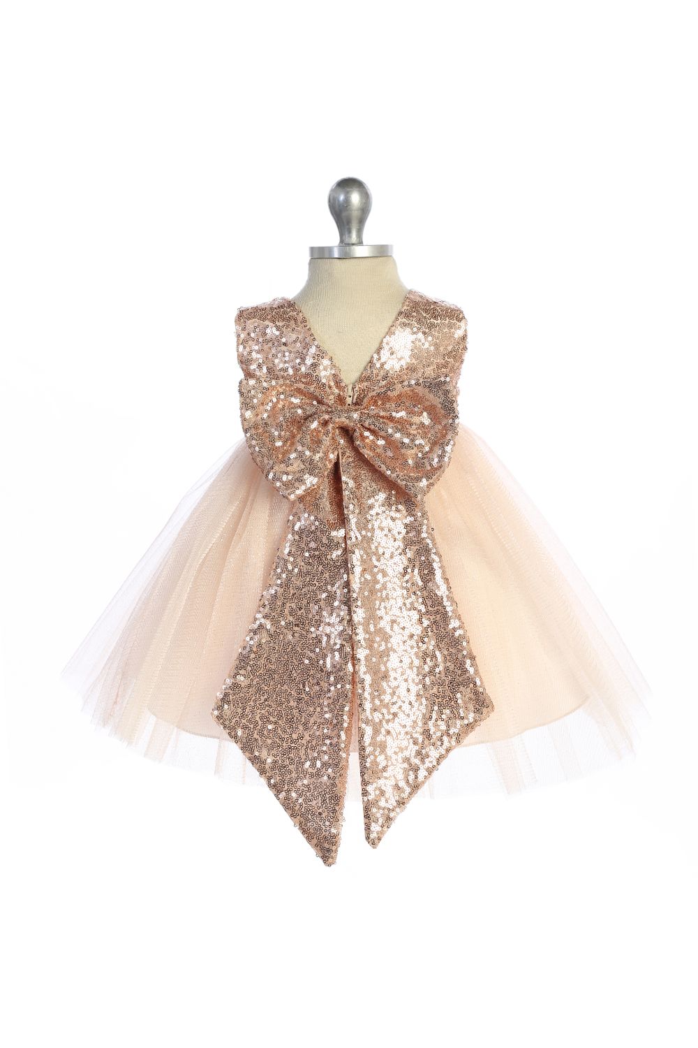 498B Blush/Rose Gold Sequins V Back & Bow Baby Dress
