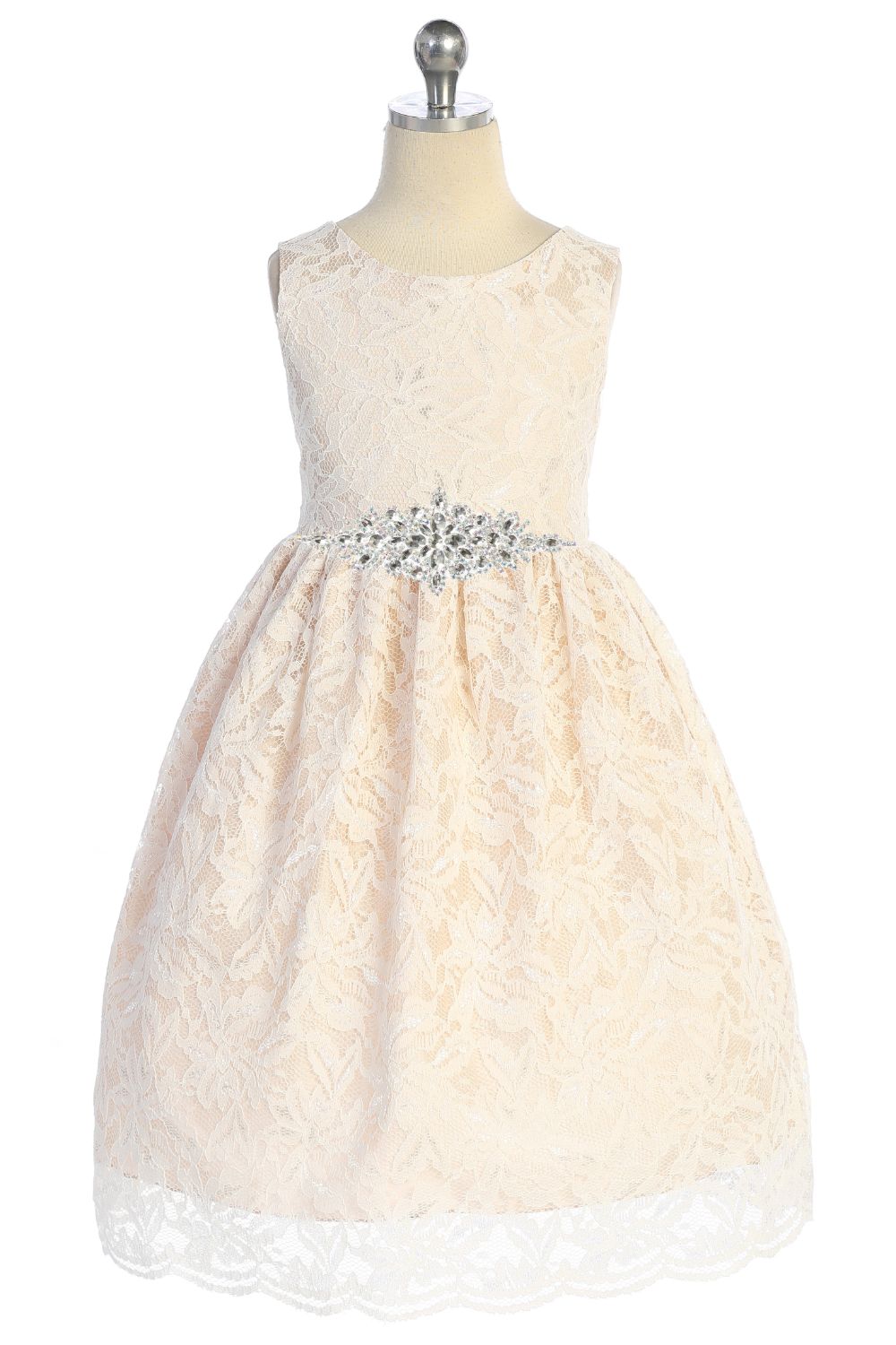 526-D- Lace V Back Bow Plus Size Dress w/ Diamond Shape Rhinestone Trim