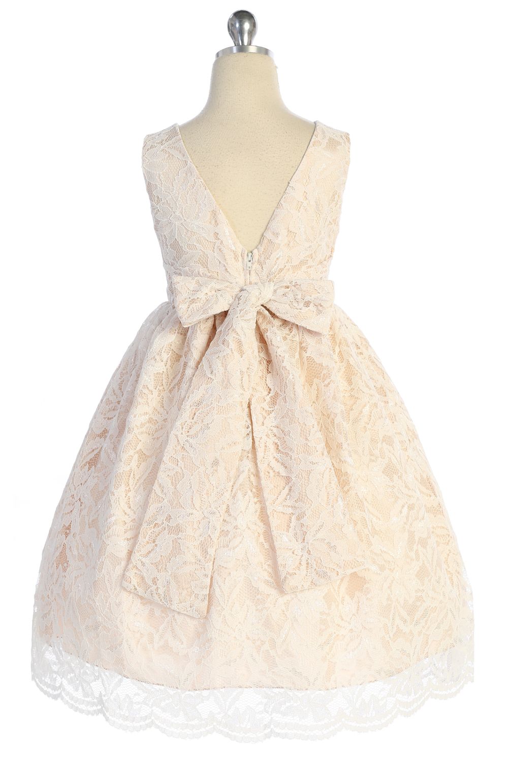 526-C- Lace V Back Bow Plus Size Dress w/ Thick Pearl Trim