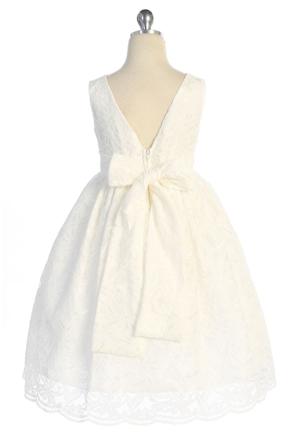 526-D- Lace V Back Bow Dress w/ Diamond Shape Rhinestone Trim