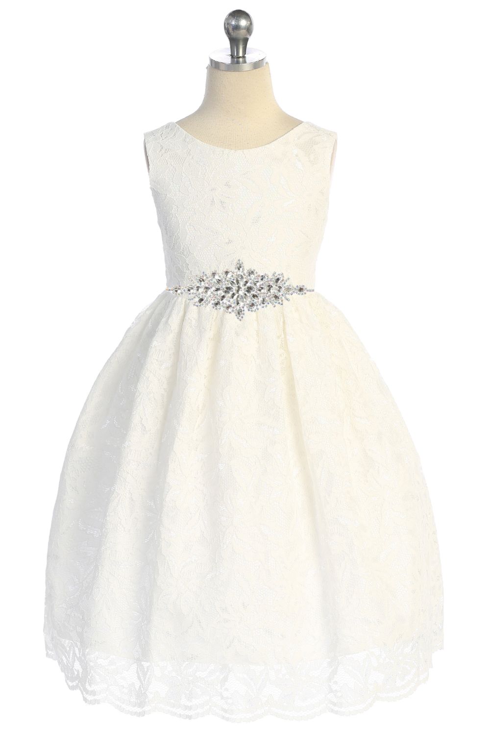 526-D- Lace V Back Bow Dress w/ Diamond Shape Rhinestone Trim