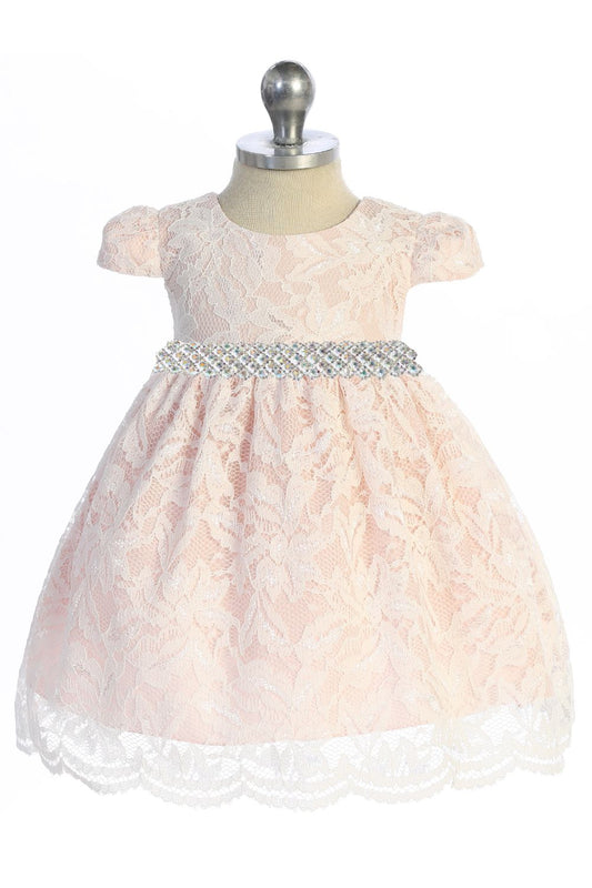 532-E- Lace V Back Bow Baby Dress w/ Thick Rhinestone Trim